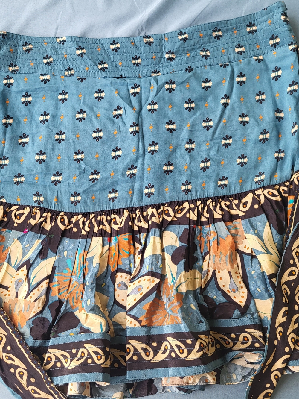 FARM Rio Blue Ainika Chill Mixed Print Wrap Mini Skirt Boho Size XL